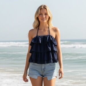 Mustard Seed Crop Tank Top Womens M Navy Blue Ruffle Halter Feminine Coastal
